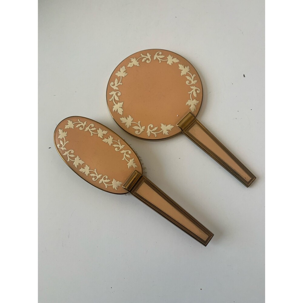 Vintage Elgin American Vanity Set Hand mirror Hair Brush gold tone floral design